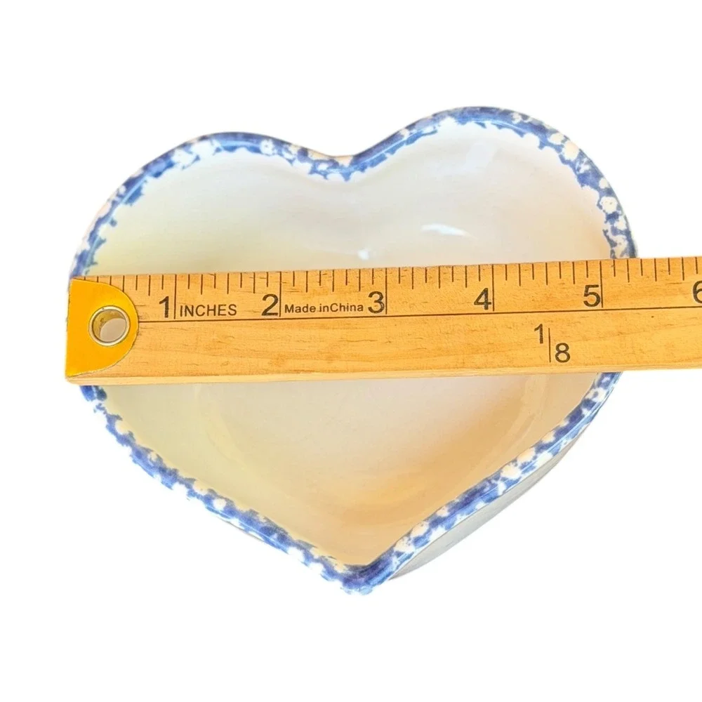 Blue Spongeware Ceramic Chip and Dip Set Heart Bowl Round Platter Farmhouse